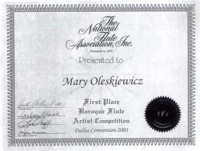 testimony of winning the baroque flute or traverso competition at the Dallas NFA convention